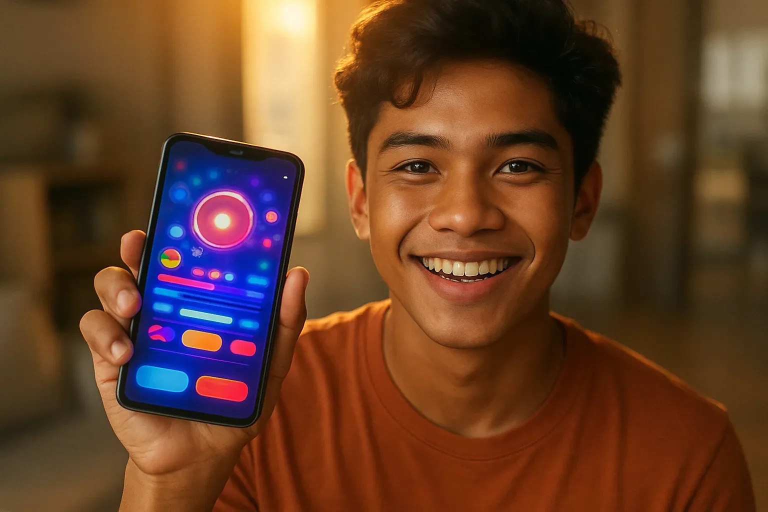 Young Filipino man smiling, holding smartphone with colorful gaming app interface