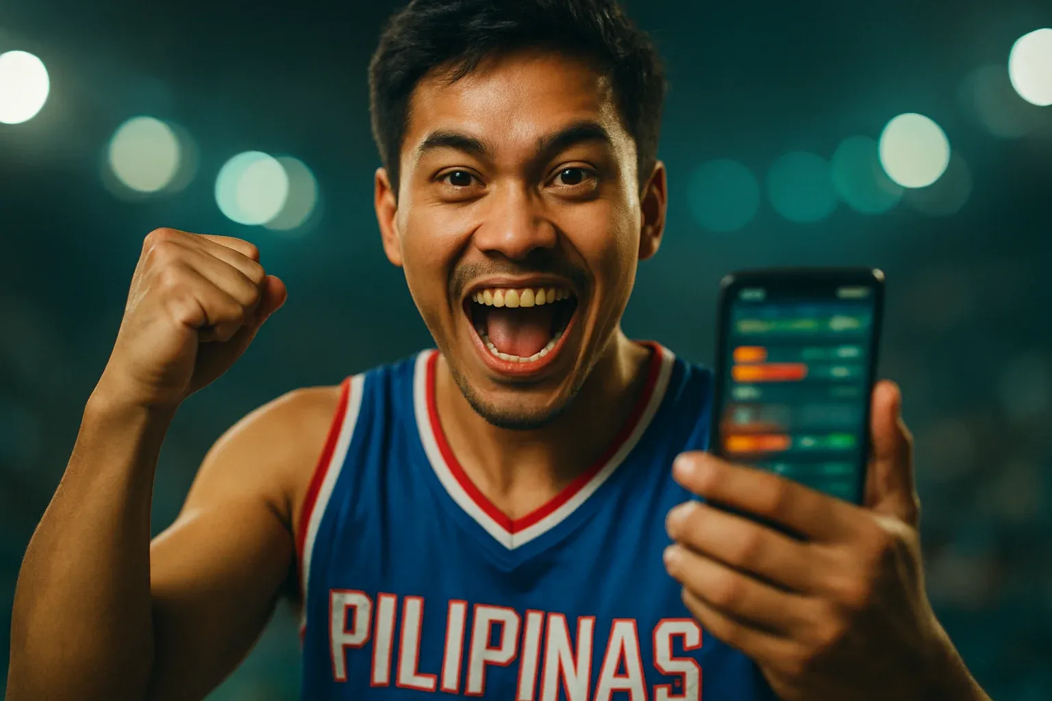 Excited Filipino man holding smartphone with glowing sports betting interface