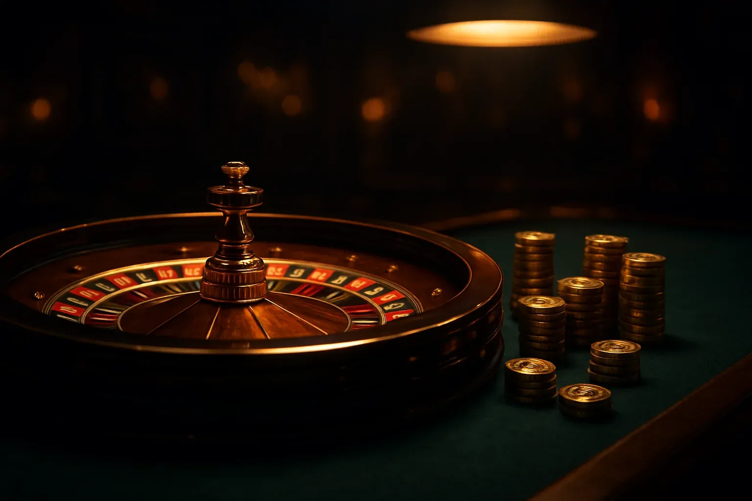 Elegant live casino table with glowing roulette wheel and golden chips