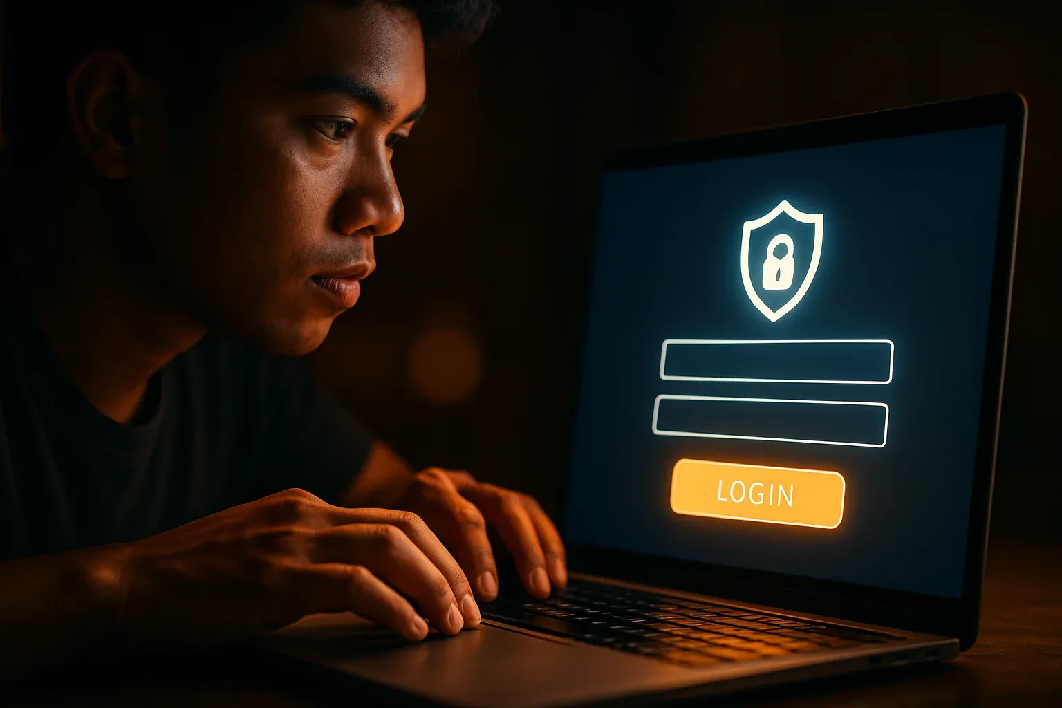 Young Filipino man's hands on laptop showing stylized login form
