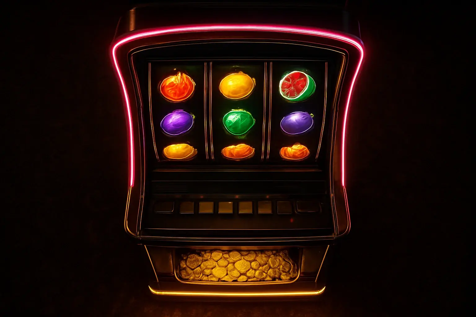 Hyperrealistic premium slot machine with three vertical reels in luxury casino